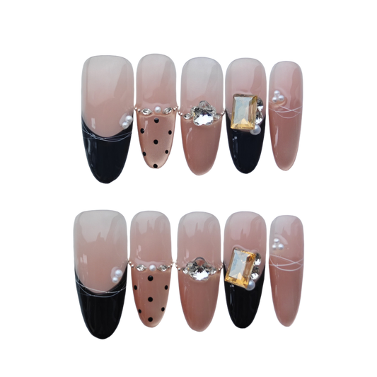 Elegant Nude & Black Press-On Nails – Gold Gemstone Accents | Long Coffin Luxury Fake Nails | Reusable Chic Nail Art Tips