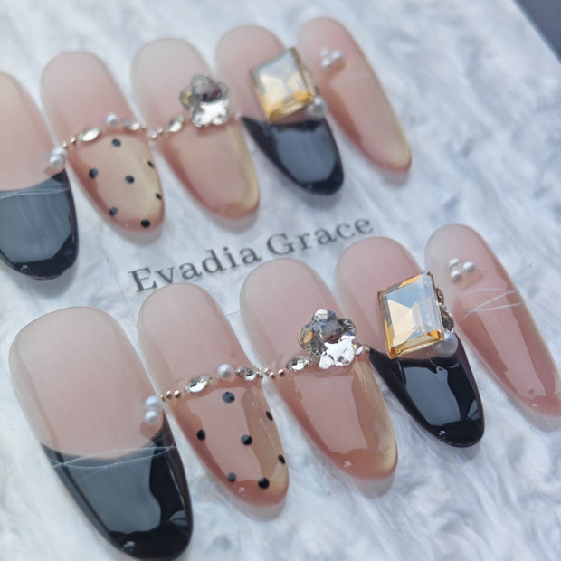 Elegant Nude & Black Press-On Nails – Gold Gemstone Accents | Long Coffin Luxury Fake Nails | Reusable Chic Nail Art Tips