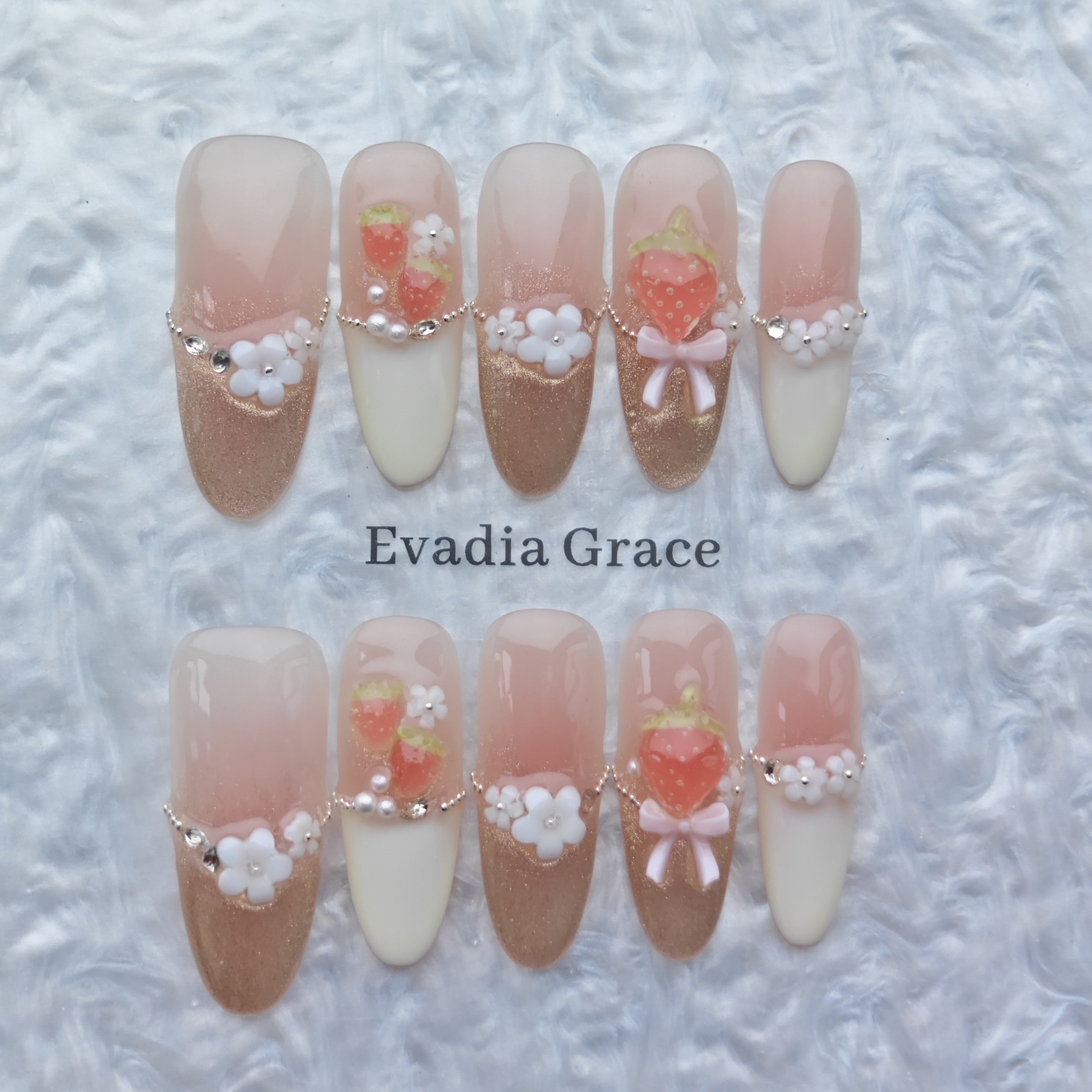 Sweet Strawberry Blossom Press-On Nails – 3D Fruit & Flower Accents | Nude & Gold Sparkle Gradient | Reusable Summer Nail Art Tips