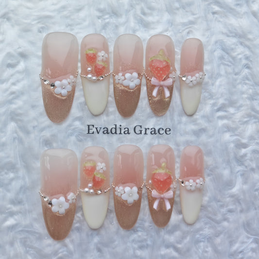 Sweet Strawberry Blossom Press-On Nails – 3D Fruit & Flower Accents | Nude & Gold Sparkle Gradient | Reusable Summer Nail Art Tips