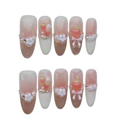 Sweet Strawberry Blossom Press-On Nails – 3D Fruit & Flower Accents | Nude & Gold Sparkle Gradient | Reusable Summer Nail Art Tips