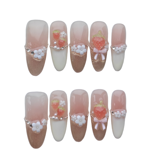 Sweet Strawberry Blossom Press-On Nails – 3D Fruit & Flower Accents | Nude & Gold Sparkle Gradient | Reusable Summer Nail Art Tips
