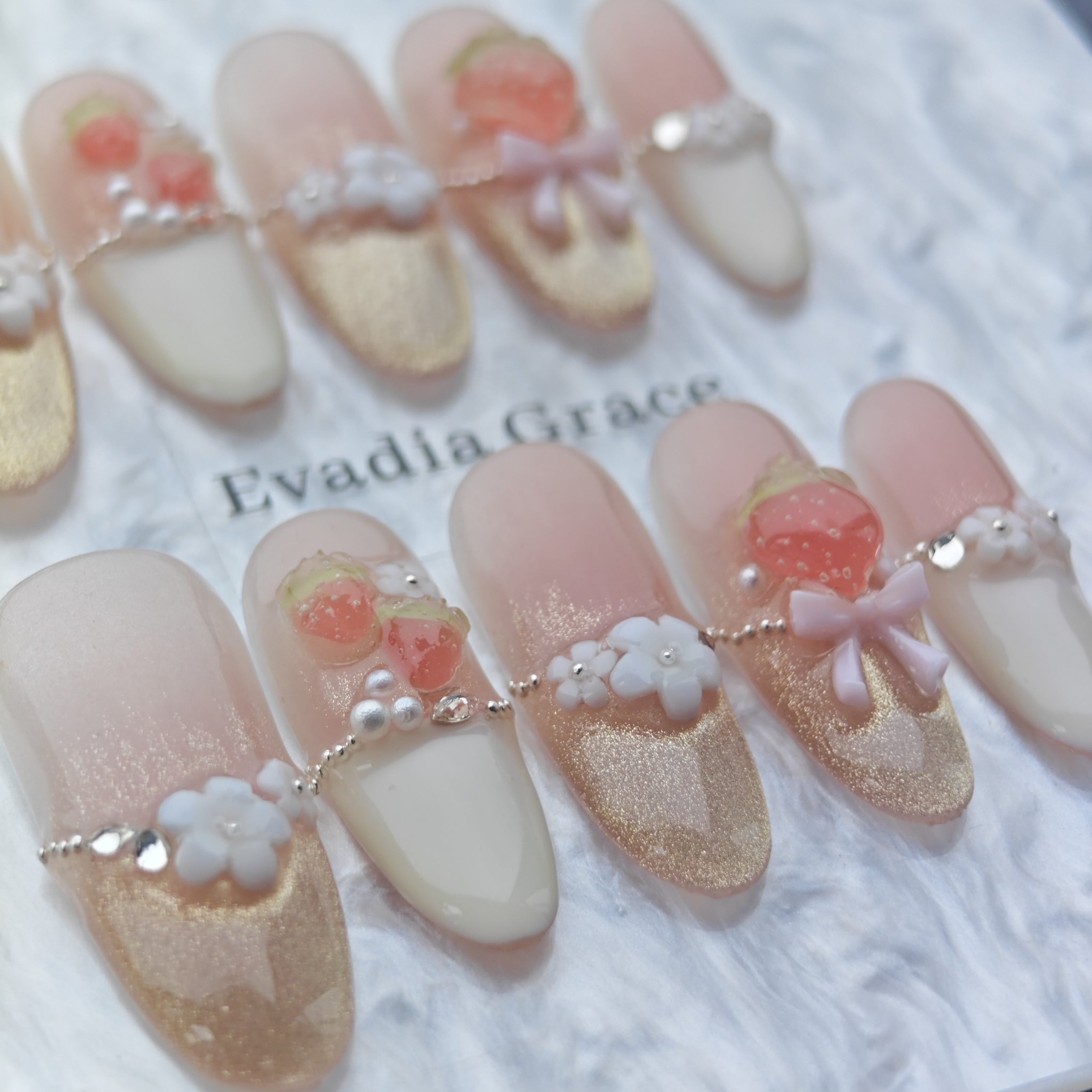 Sweet Strawberry Blossom Press-On Nails – 3D Fruit & Flower Accents | Nude & Gold Sparkle Gradient | Reusable Summer Nail Art Tips