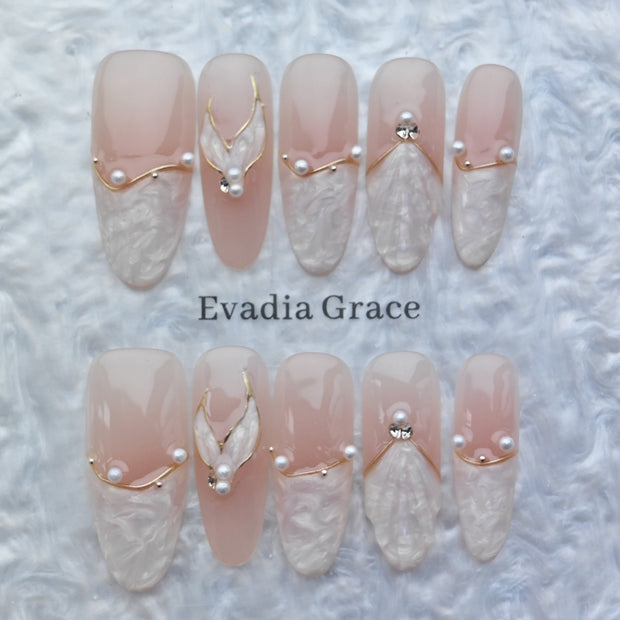 Blush Marble Pearl Press-On Nails – Elegant Gold-Trim Detailing | Long Coffin Reusable Luxury Fake Nails | 3D Shell & Crystal Nail Art Tips
