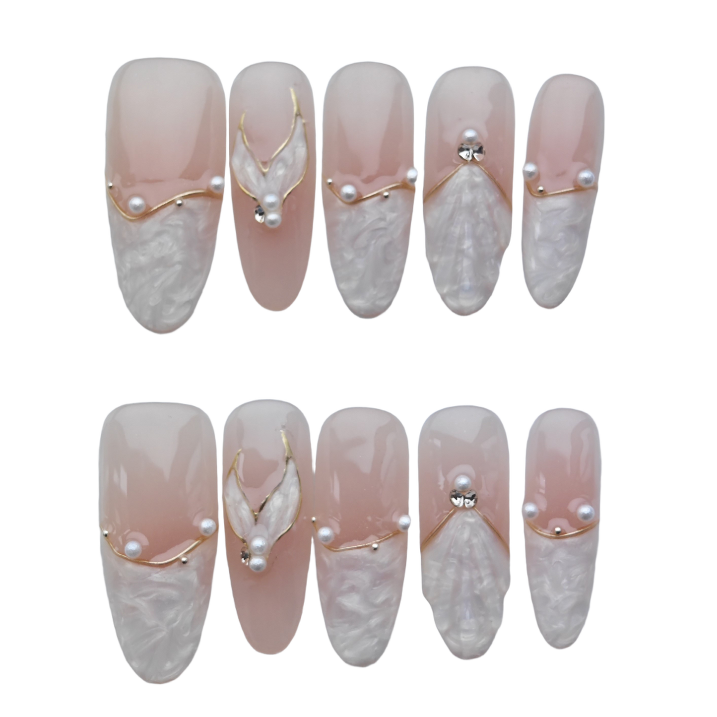 Blush Marble Pearl Press-On Nails – Elegant Gold-Trim Detailing | Long Coffin Reusable Luxury Fake Nails | 3D Shell & Crystal Nail Art Tips