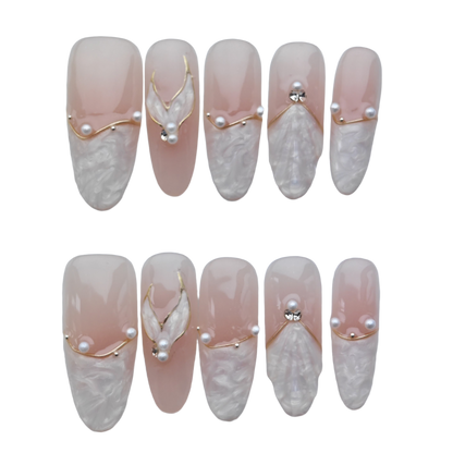 Blush Marble Pearl Press-On Nails – Elegant Gold-Trim Detailing | Long Coffin Reusable Luxury Fake Nails | 3D Shell & Crystal Nail Art Tips