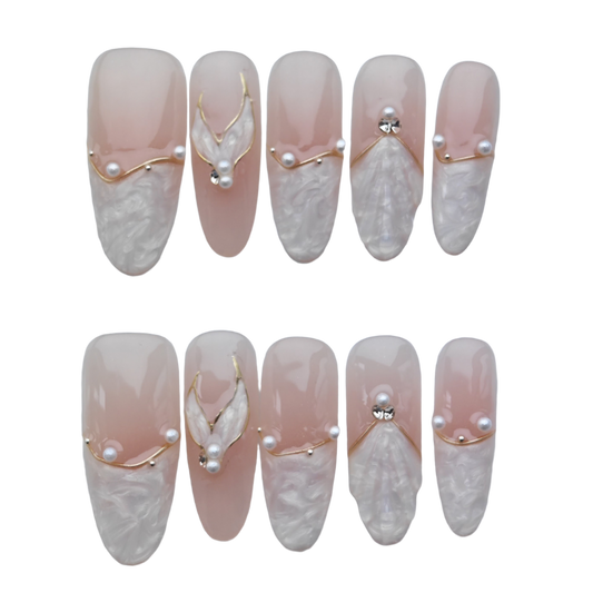 Blush Marble Pearl Press-On Nails – Elegant Gold-Trim Detailing | Long Coffin Reusable Luxury Fake Nails | 3D Shell & Crystal Nail Art Tips