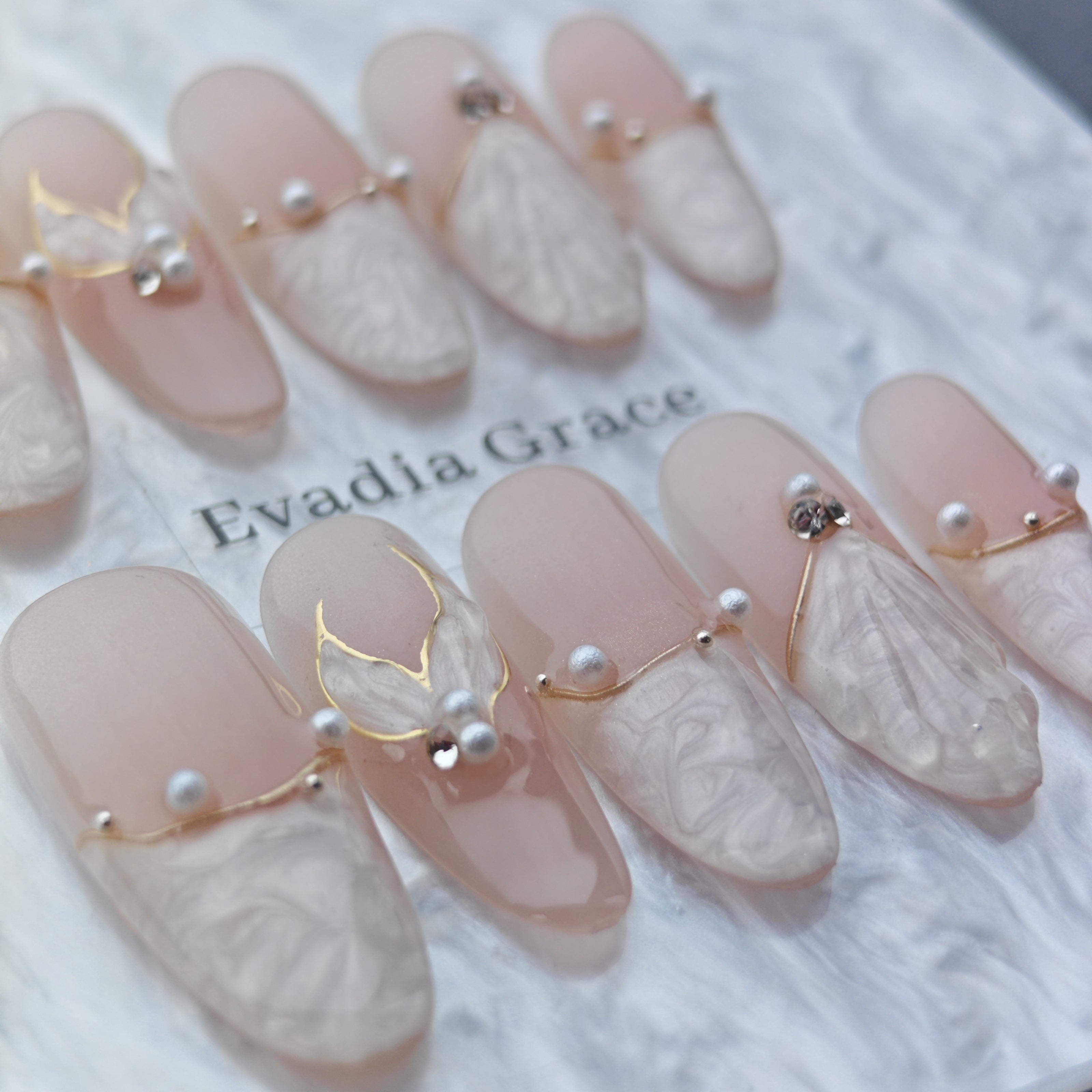 Blush Marble Pearl Press-On Nails – Elegant Gold-Trim Detailing | Long Coffin Reusable Luxury Fake Nails | 3D Shell & Crystal Nail Art Tips