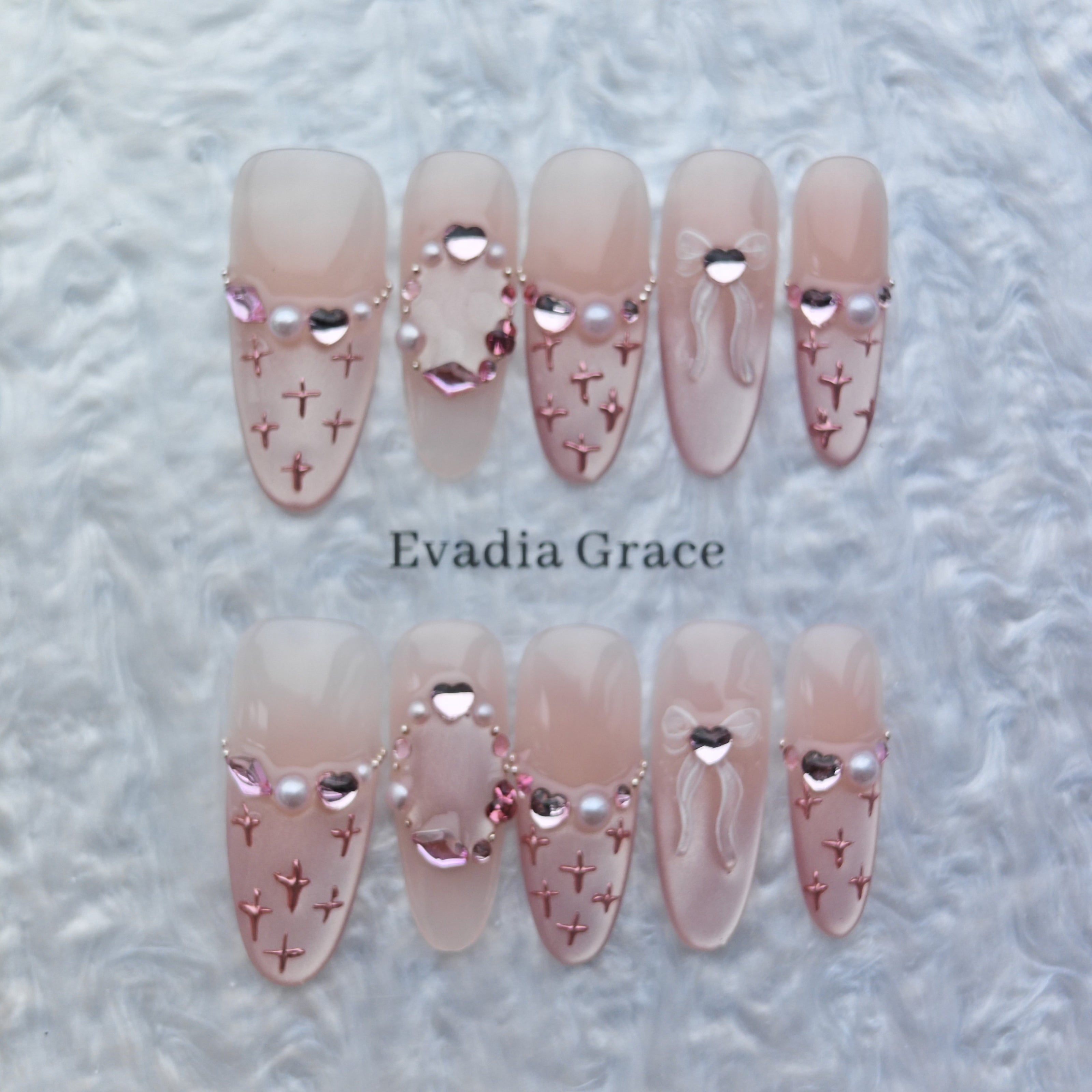 Blush Pink Cross & Pearl Press-On Nails – 3D Heart & Bow Accents | Long Coffin Luxury Fake Nails | Reusable Romantic Nail Art Tips