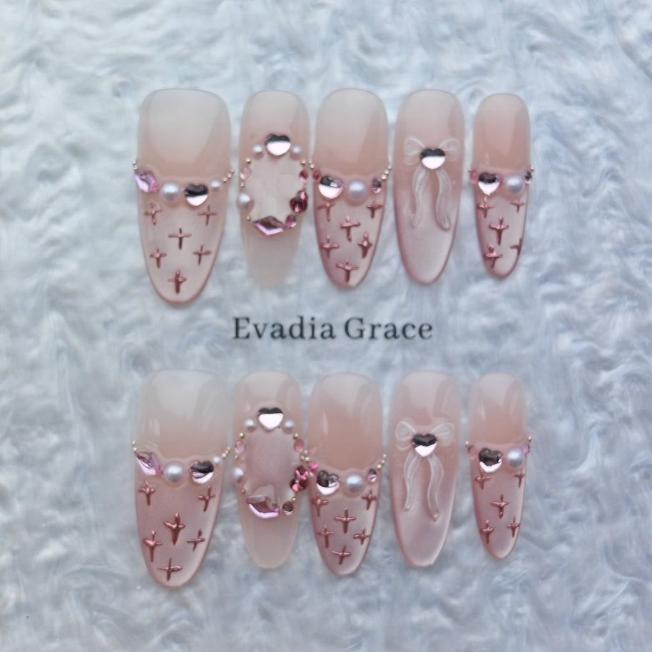 Blush Pink Cross & Pearl Press-On Nails – 3D Heart & Bow Accents | Long Coffin Luxury Fake Nails | Reusable Romantic Nail Art Tips