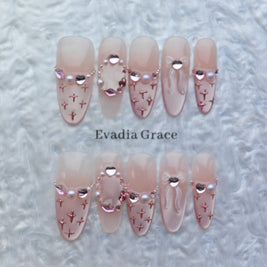 Blush Pink Cross & Pearl Press-On Nails – 3D Heart & Bow Accents | Long Coffin Luxury Fake Nails | Reusable Romantic Nail Art Tips