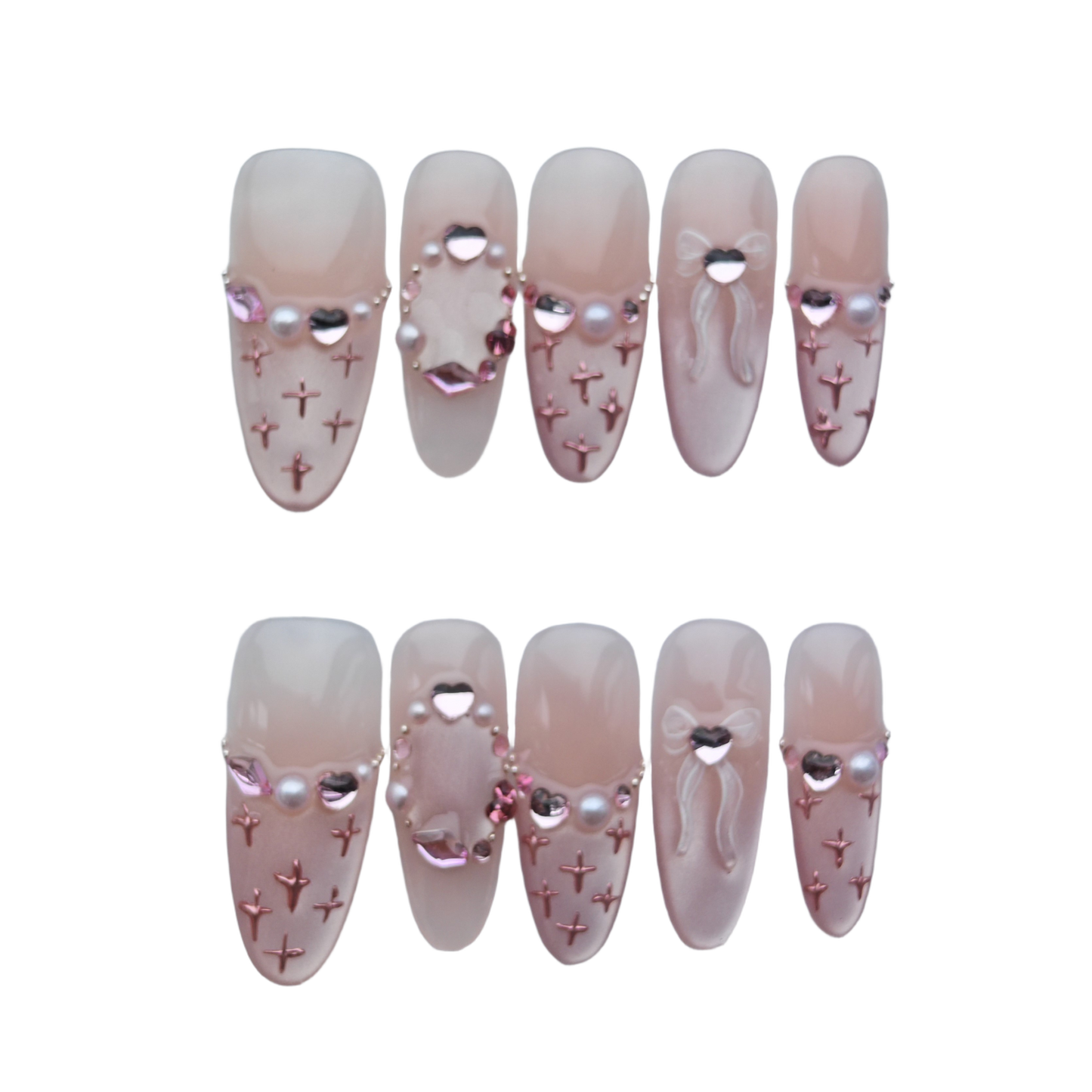 Blush Pink Cross & Pearl Press-On Nails – 3D Heart & Bow Accents | Long Coffin Luxury Fake Nails | Reusable Romantic Nail Art Tips