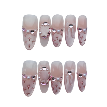 Blush Pink Cross & Pearl Press-On Nails – 3D Heart & Bow Accents | Long Coffin Luxury Fake Nails | Reusable Romantic Nail Art Tips