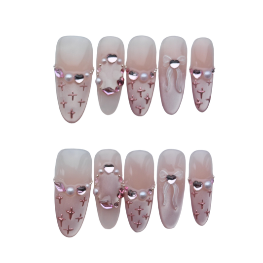 Blush Pink Cross & Pearl Press-On Nails – 3D Heart & Bow Accents | Long Coffin Luxury Fake Nails | Reusable Romantic Nail Art Tips