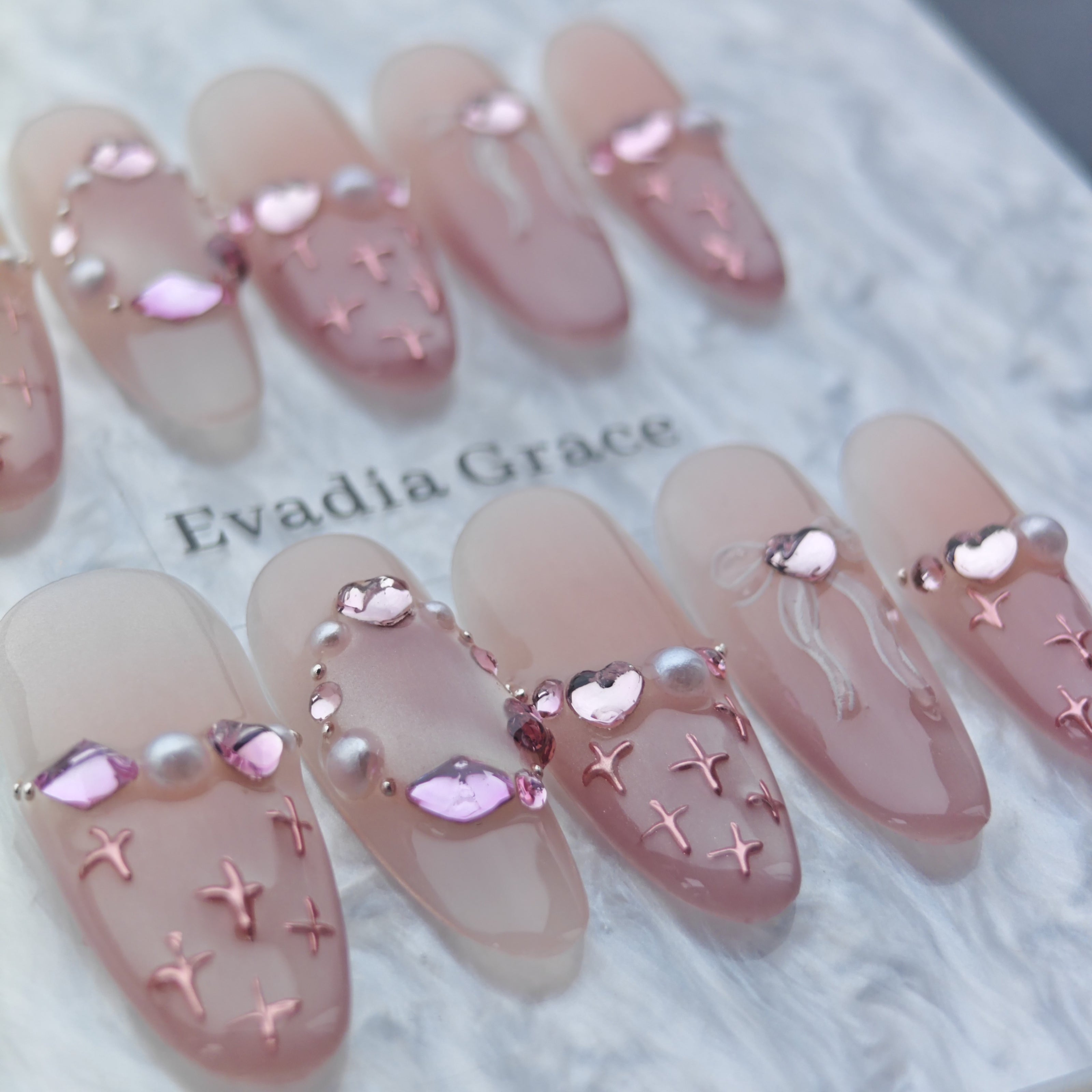 Blush Pink Cross & Pearl Press-On Nails – 3D Heart & Bow Accents | Long Coffin Luxury Fake Nails | Reusable Romantic Nail Art Tips