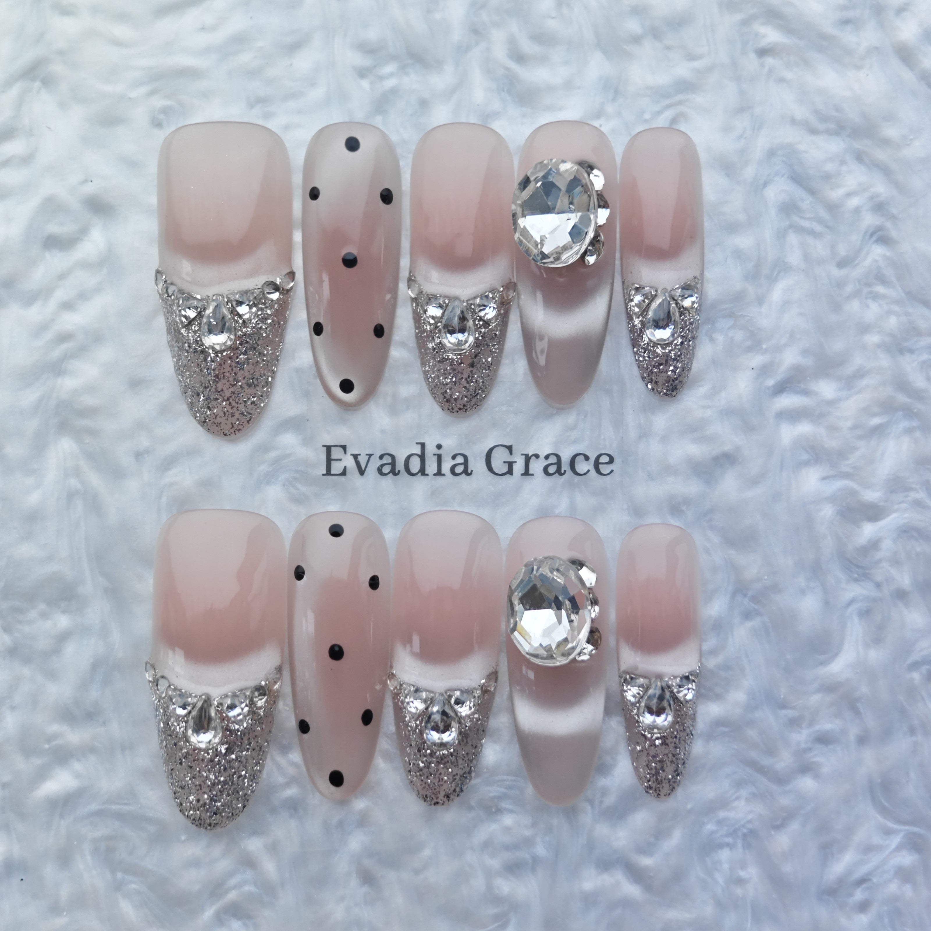 Luxury Silver Glitter Press-On Nails – Nude Pink with Diamond Crystals & Polka Dot Accents | Long Coffin Reusable Fake Nails | Glamorous Sparkle Nail Art