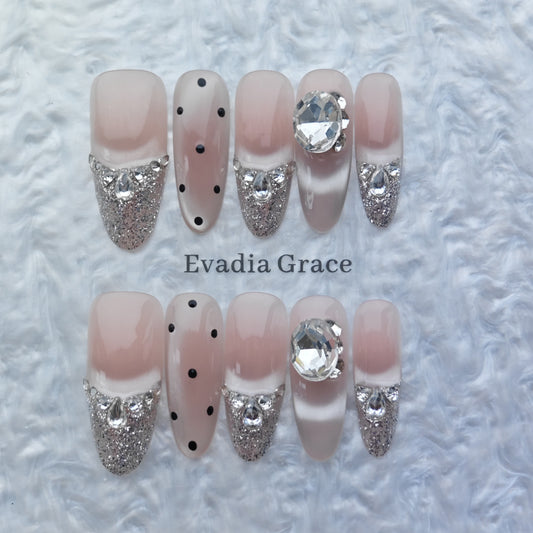Luxury Silver Glitter Press-On Nails – Nude Pink with Diamond Crystals & Polka Dot Accents | Long Coffin Reusable Fake Nails | Glamorous Sparkle Nail Art