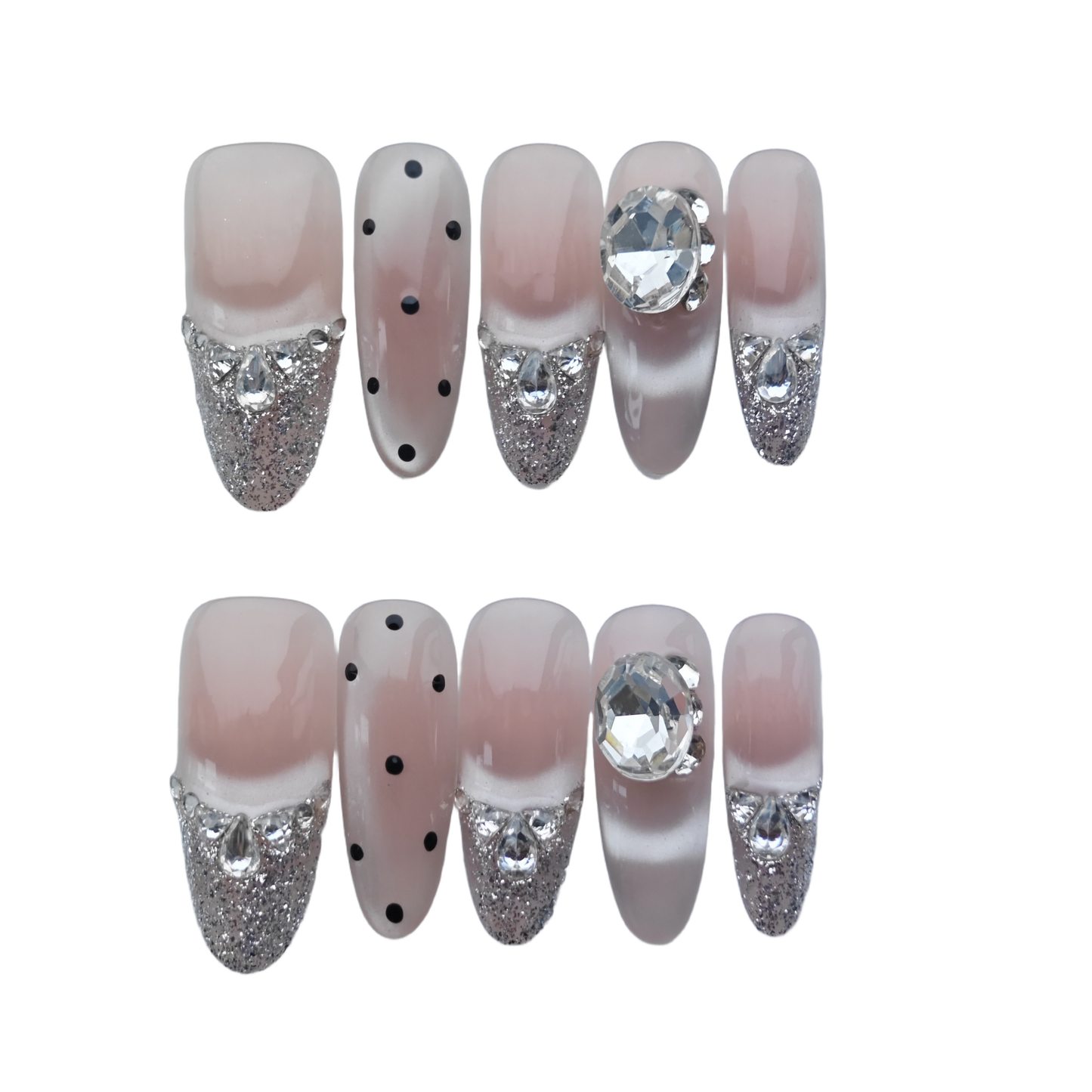 Luxury Silver Glitter Press-On Nails – Nude Pink with Diamond Crystals & Polka Dot Accents | Long Coffin Reusable Fake Nails | Glamorous Sparkle Nail Art