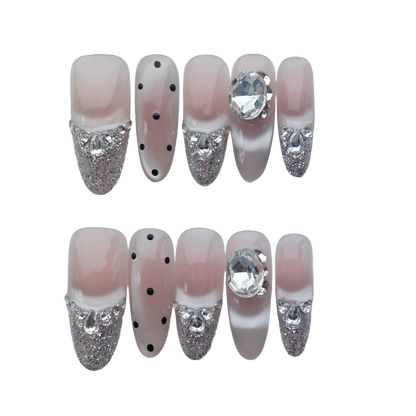 Luxury Silver Glitter Press-On Nails – Nude Pink with Diamond Crystals & Polka Dot Accents | Long Coffin Reusable Fake Nails | Glamorous Sparkle Nail Art