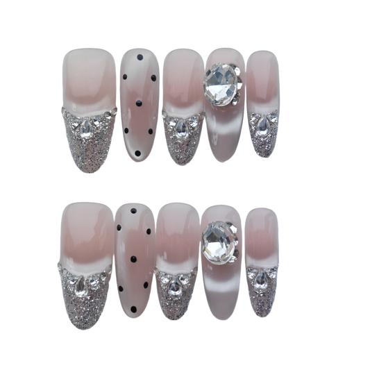 Luxury Silver Glitter Press-On Nails – Nude Pink with Diamond Crystals & Polka Dot Accents | Long Coffin Reusable Fake Nails | Glamorous Sparkle Nail Art