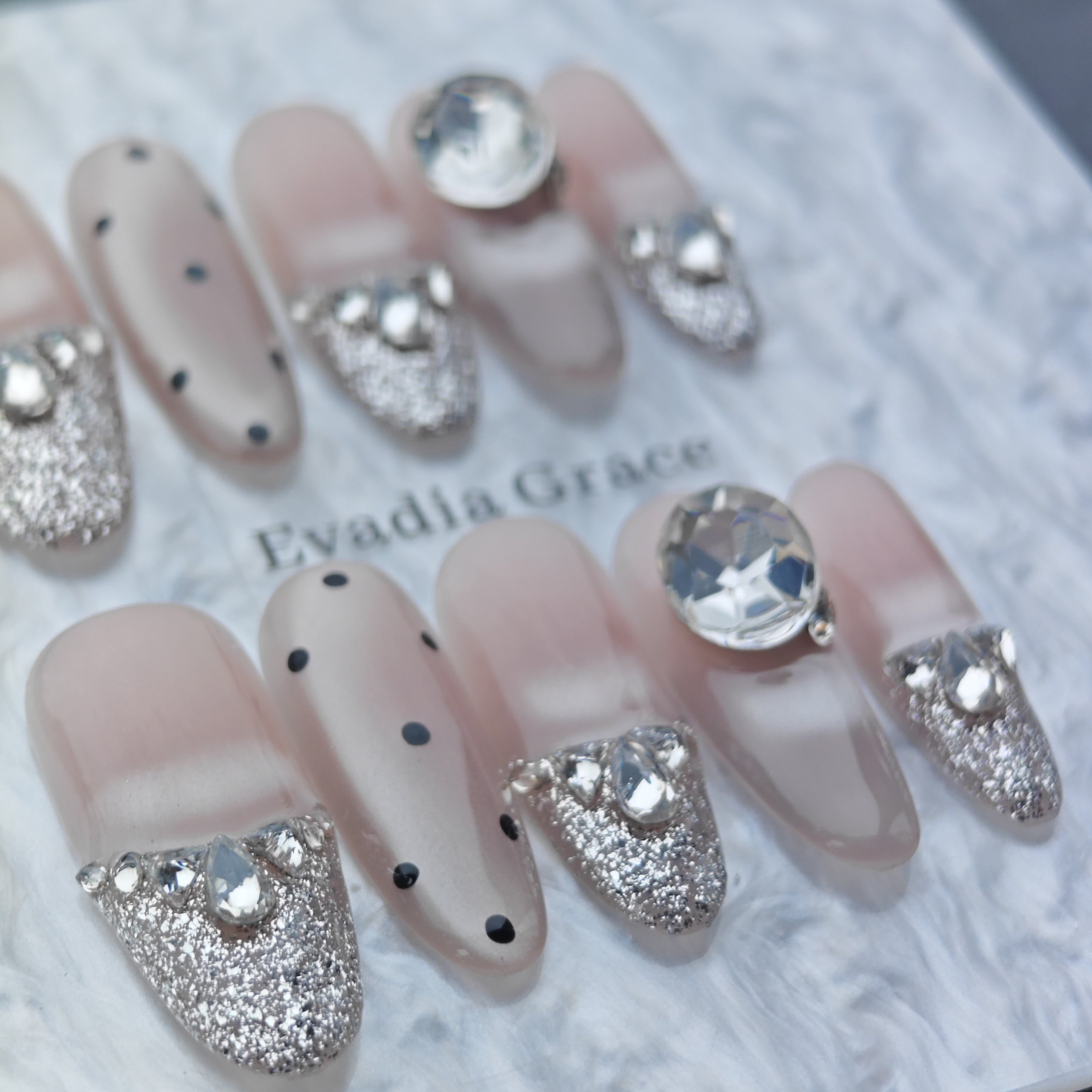 Luxury Silver Glitter Press-On Nails – Nude Pink with Diamond Crystals & Polka Dot Accents | Long Coffin Reusable Fake Nails | Glamorous Sparkle Nail Art