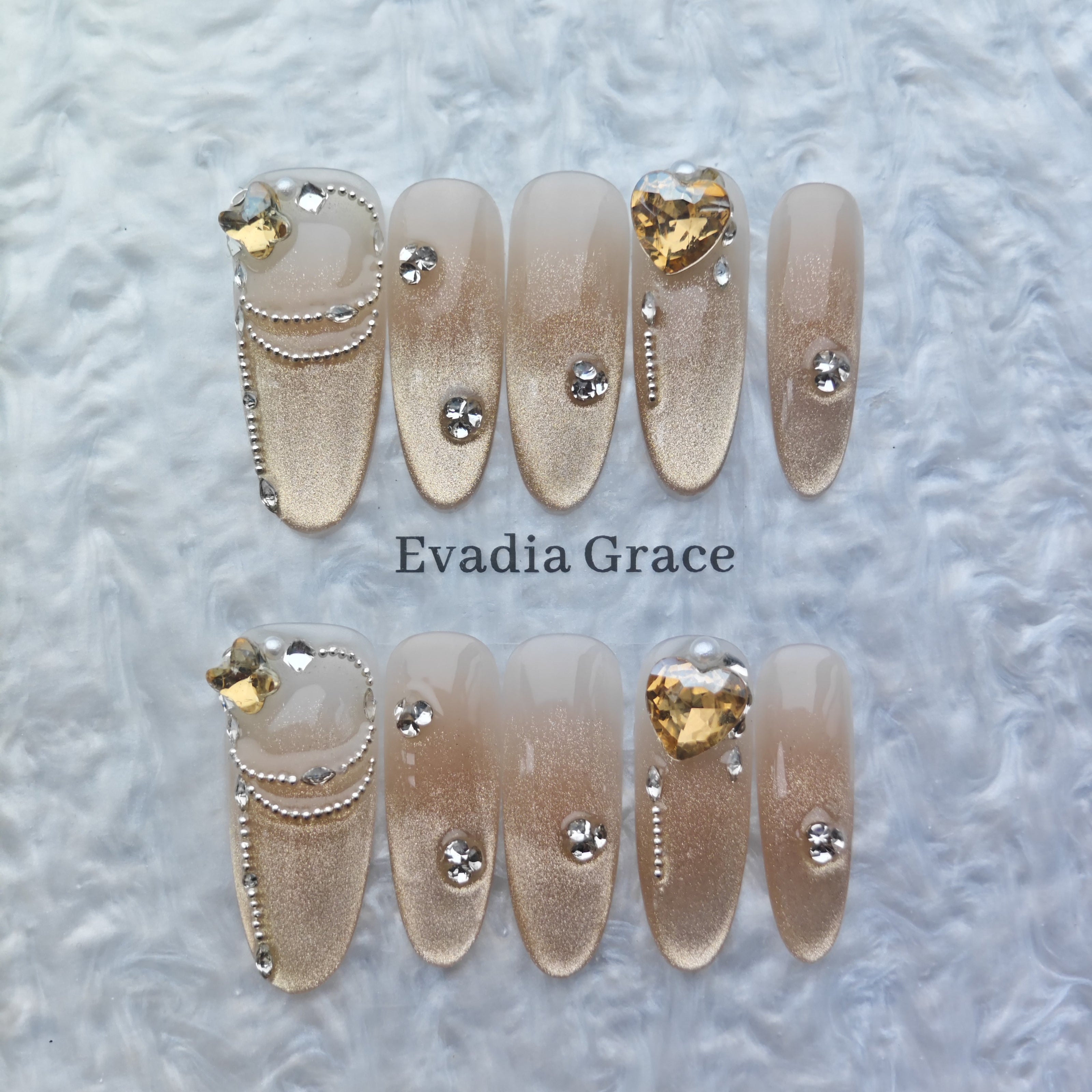 Champagne Gold Glam Press-On Nails – Heart Gem & Pearl Chains | Long Coffin Glitter Luxury Fake Nails | Reusable Elegant Nail Art Tips