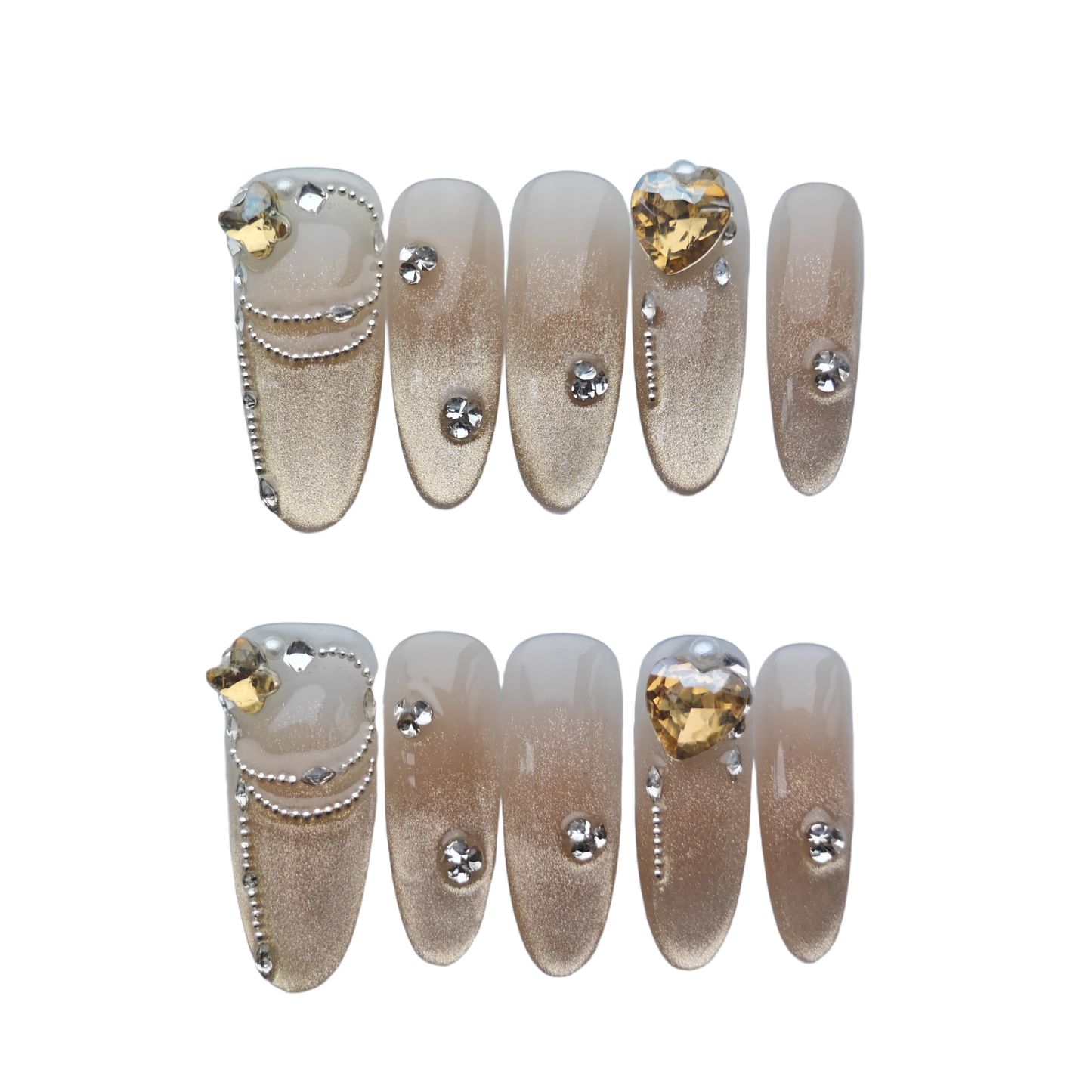 Champagne Gold Glam Press-On Nails – Heart Gem & Pearl Chains | Long Coffin Glitter Luxury Fake Nails | Reusable Elegant Nail Art Tips
