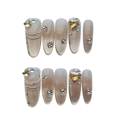Champagne Gold Glam Press-On Nails – Heart Gem & Pearl Chains | Long Coffin Glitter Luxury Fake Nails | Reusable Elegant Nail Art Tips