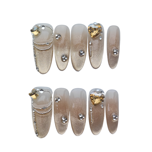 Champagne Gold Glam Press-On Nails – Heart Gem & Pearl Chains | Long Coffin Glitter Luxury Fake Nails | Reusable Elegant Nail Art Tips