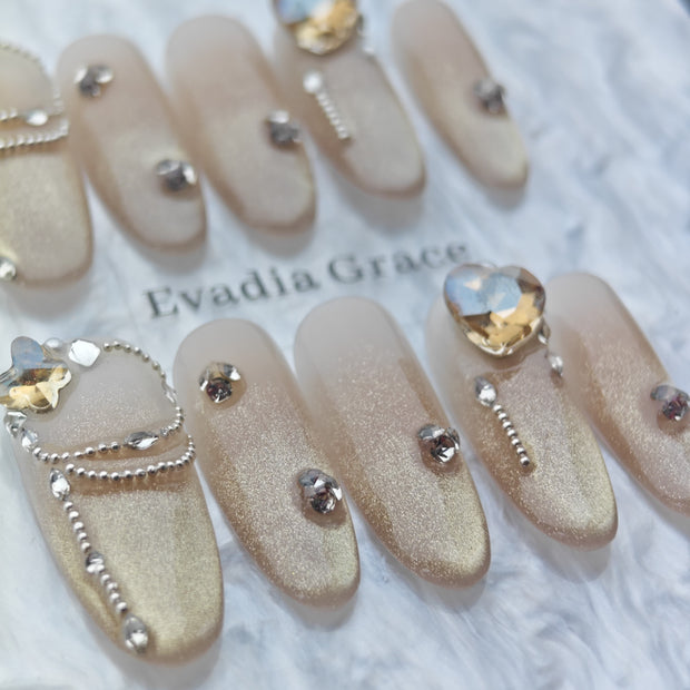 Champagne Gold Glam Press-On Nails – Heart Gem & Pearl Chains | Long Coffin Glitter Luxury Fake Nails | Reusable Elegant Nail Art Tips