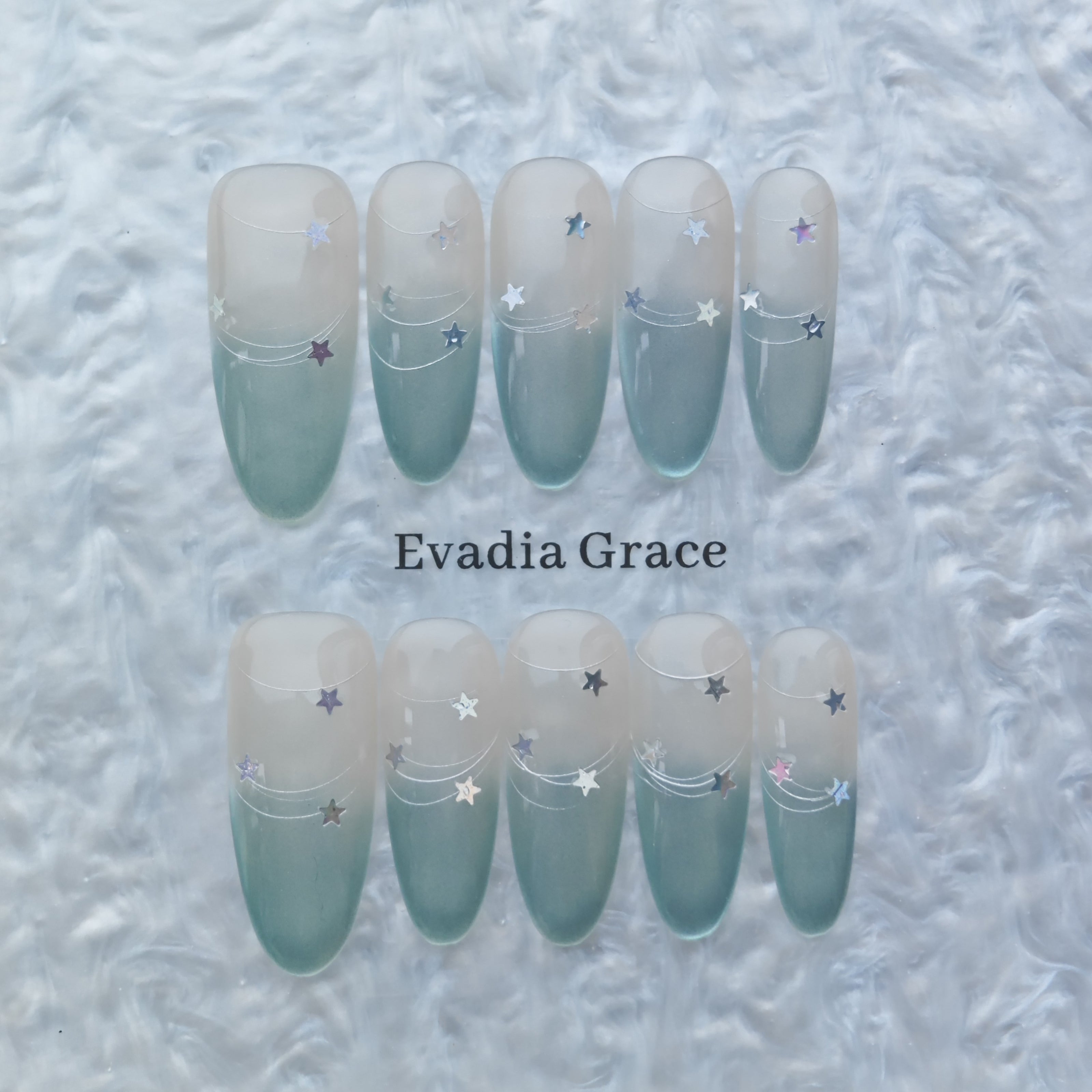 Elegant Green Galaxy Press-On Nails – Starry Night Gradient with Silver Constellation Accents | Long Coffin Reusable Nail Art Tips