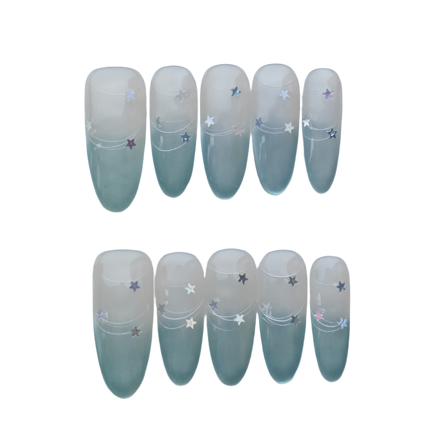 Elegant Green Galaxy Press-On Nails – Starry Night Gradient with Silver Constellation Accents | Long Coffin Reusable Nail Art Tips