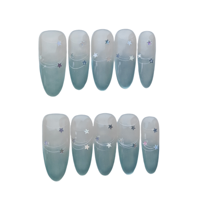 Elegant Green Galaxy Press-On Nails – Starry Night Gradient with Silver Constellation Accents | Long Coffin Reusable Nail Art Tips