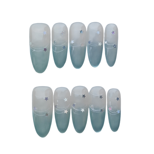 Elegant Green Galaxy Press-On Nails – Starry Night Gradient with Silver Constellation Accents | Long Coffin Reusable Nail Art Tips