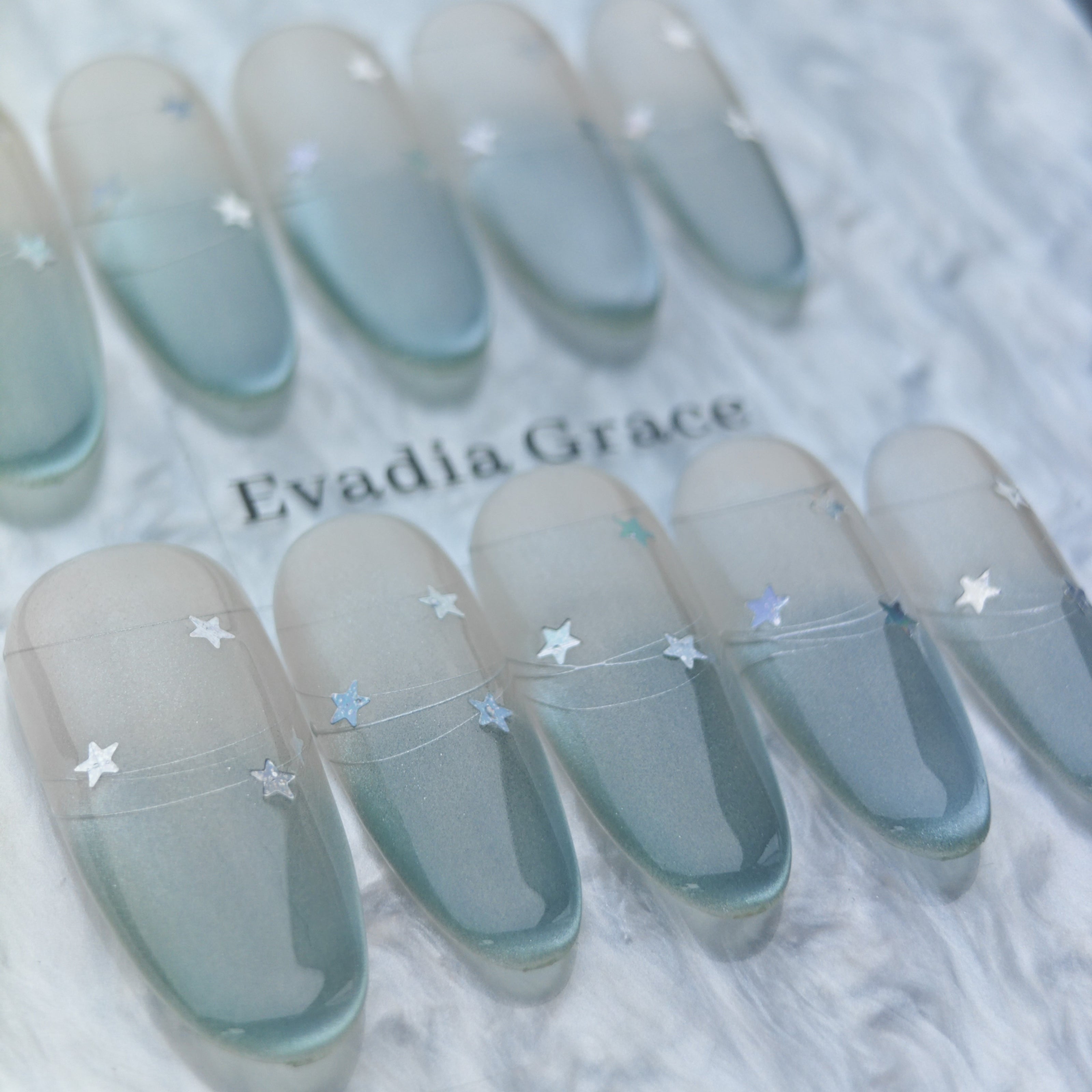 Elegant Green Galaxy Press-On Nails – Starry Night Gradient with Silver Constellation Accents | Long Coffin Reusable Nail Art Tips