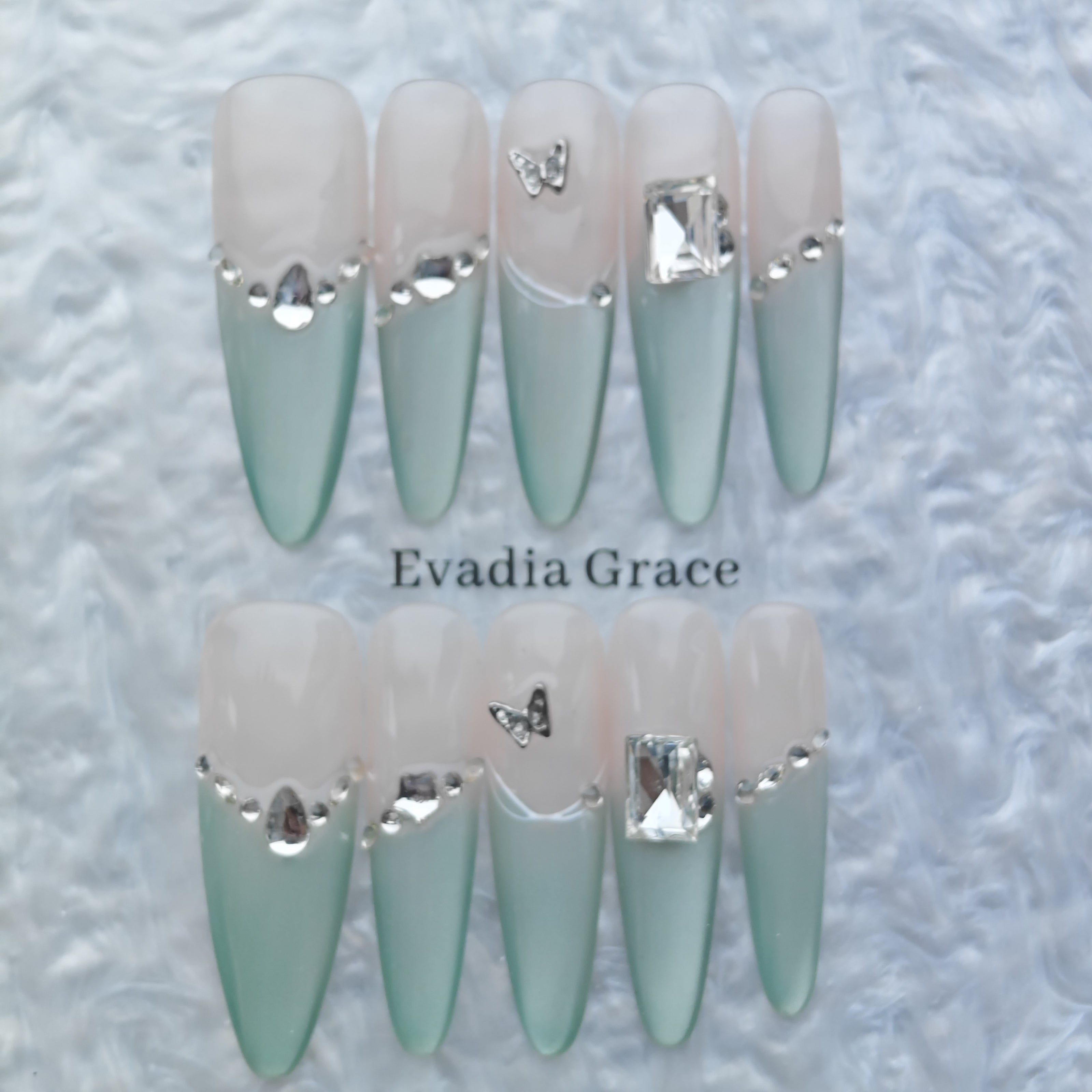 Elegant Mint Green Gradient Press-On Nails – Silver Crystal Butterfly Accents | Long Coffin Reusable Fake Nails | Chic Handmade Nail Art Tips