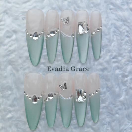 Elegant Mint Green Gradient Press-On Nails – Silver Crystal Butterfly Accents | Long Coffin Reusable Fake Nails | Chic Handmade Nail Art Tips