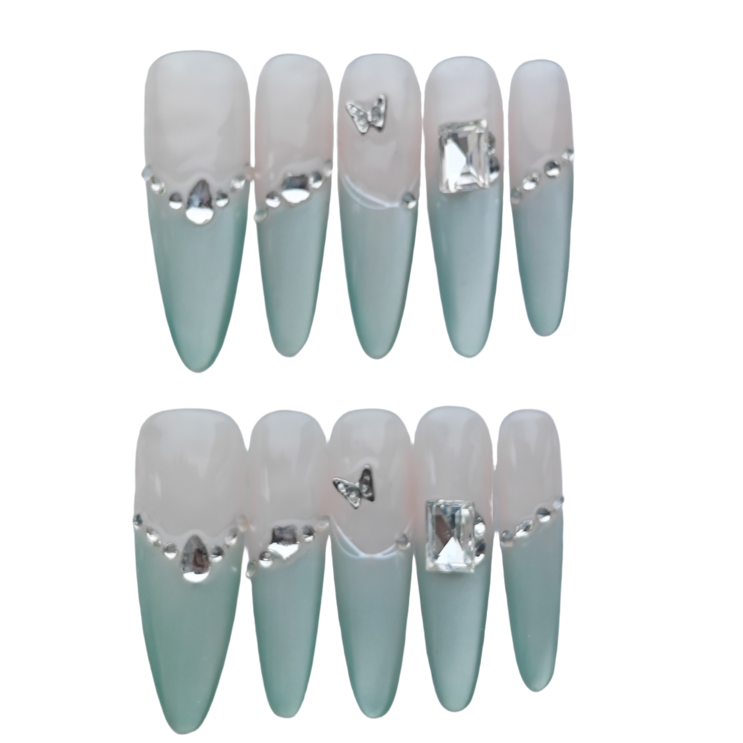 Elegant Mint Green Gradient Press-On Nails – Silver Crystal Butterfly Accents | Long Coffin Reusable Fake Nails | Chic Handmade Nail Art Tips