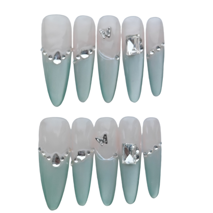 Elegant Mint Green Gradient Press-On Nails – Silver Crystal Butterfly Accents | Long Coffin Reusable Fake Nails | Chic Handmade Nail Art Tips