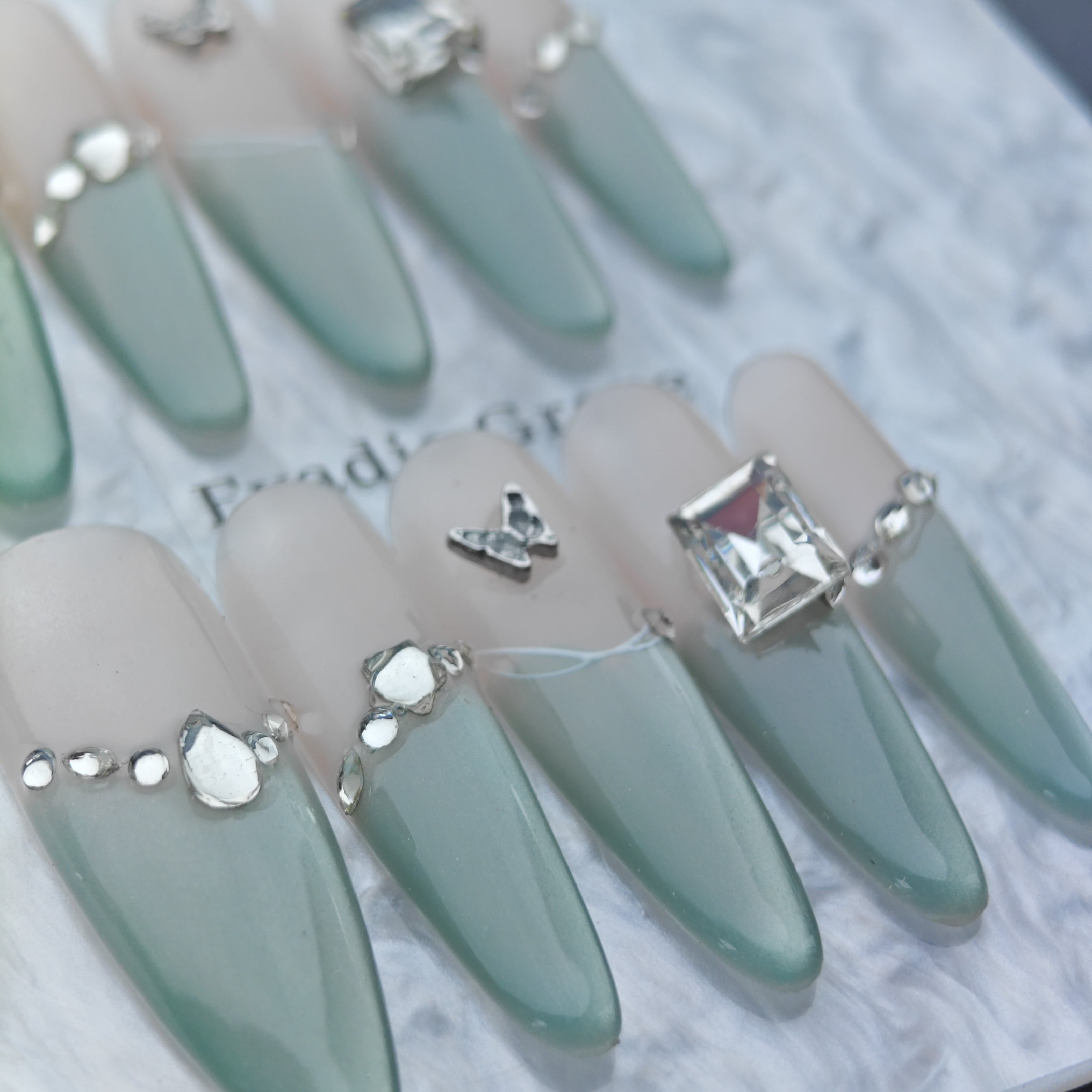 Elegant Mint Green Gradient Press-On Nails – Silver Crystal Butterfly Accents | Long Coffin Reusable Fake Nails | Chic Handmade Nail Art Tips