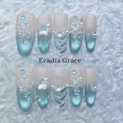 Mermaid Sea Star Press-On Nails – Ocean Blue Gradient Shell Design with Pearls & Crystals | Long Coffin Handmade Nail Art