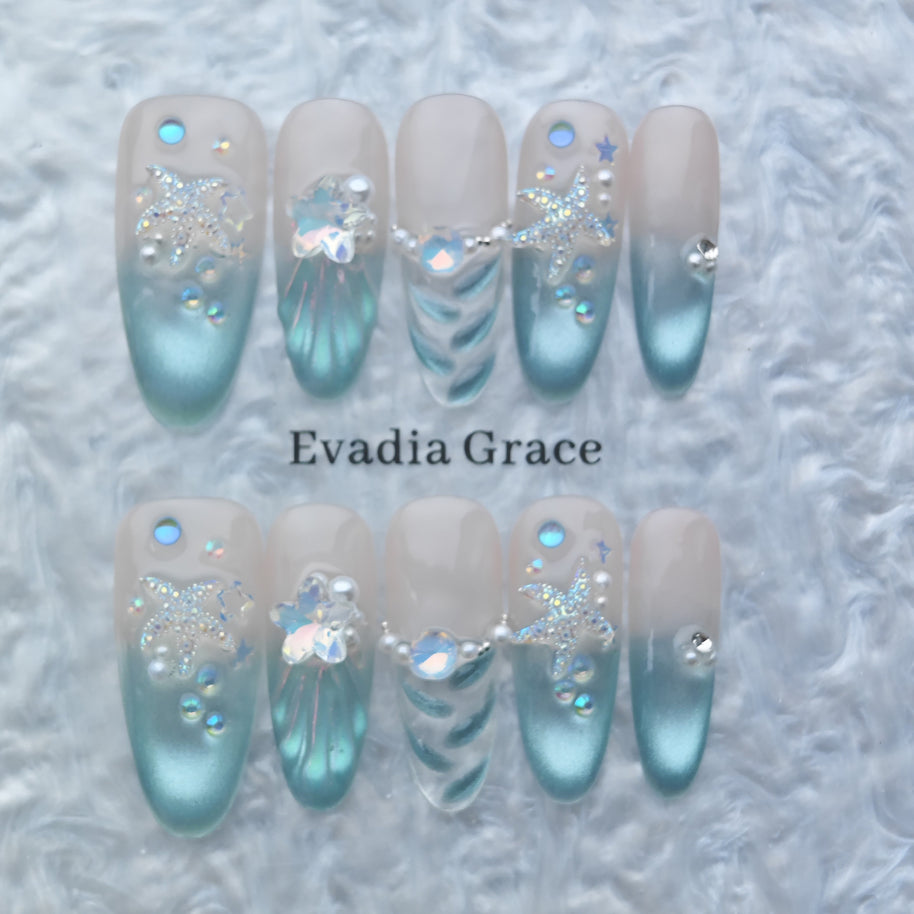 Mermaid Sea Star Press-On Nails – Ocean Blue Gradient Shell Design with Pearls & Crystals | Long Coffin Handmade Nail Art