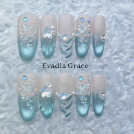 Mermaid Sea Star Press-On Nails – Ocean Blue Gradient Shell Design with Pearls & Crystals | Long Coffin Handmade Nail Art