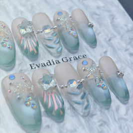 Mermaid Sea Star Press-On Nails – Ocean Blue Gradient Shell Design with Pearls & Crystals | Long Coffin Handmade Nail Art