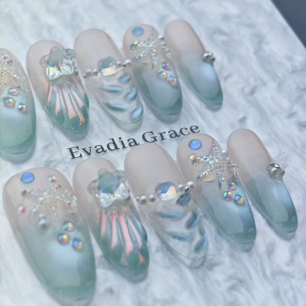 Mermaid Sea Star Press-On Nails – Ocean Blue Gradient Shell Design with Pearls & Crystals | Long Coffin Handmade Nail Art