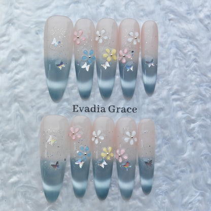 Spring Blossom Ombre Press-On Nails – Blue Gradient with 3D Flowers & Butterfly Accents | Long Coffin Handmade Nail Art