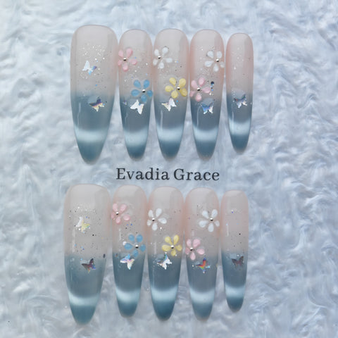 Spring Blossom Ombre Press-On Nails – Blue Gradient with 3D Flowers & Butterfly Accents | Long Coffin Handmade Nail Art