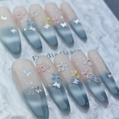 Spring Blossom Ombre Press-On Nails – Blue Gradient with 3D Flowers & Butterfly Accents | Long Coffin Handmade Nail Art