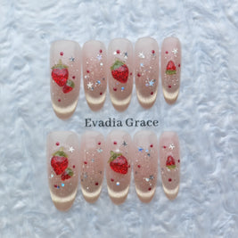 Strawberry Glitter Press-On Nails – Nude Pink with Red Berry Design and Gold Sparkle | Cute Handmade Long Nail Art