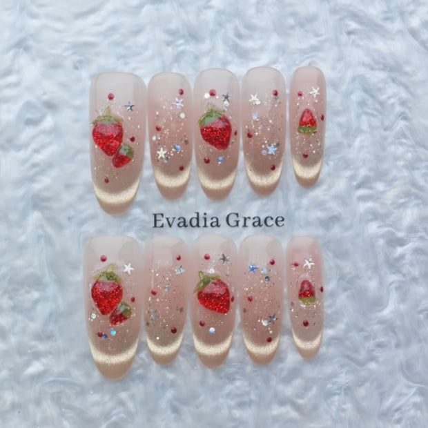 Strawberry Glitter Press-On Nails – Nude Pink with Red Berry Design and Gold Sparkle | Cute Handmade Long Nail Art